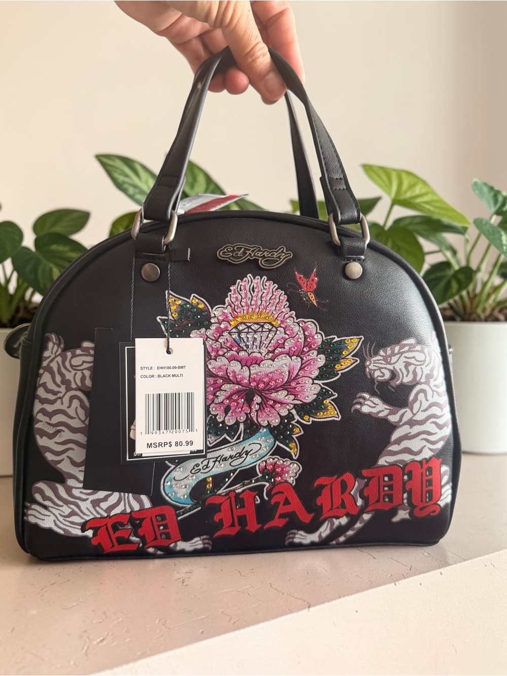 Ed Hardy Black Floral Tiger Dome Satchel